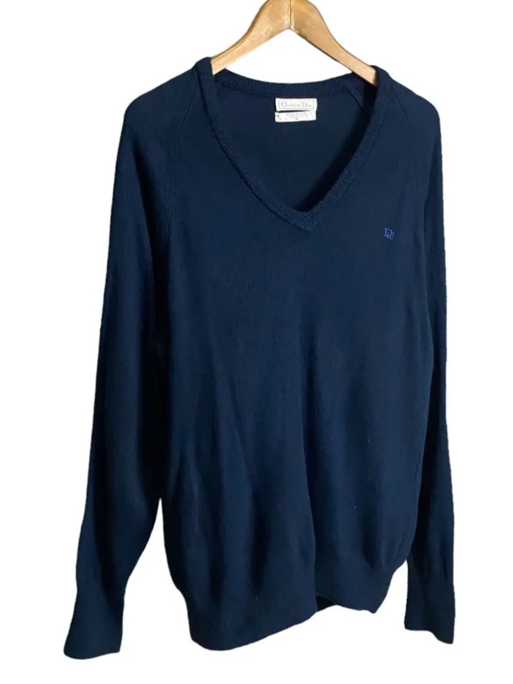 Vintage Christian Dior Men's Navy V-Neck Sweater L
